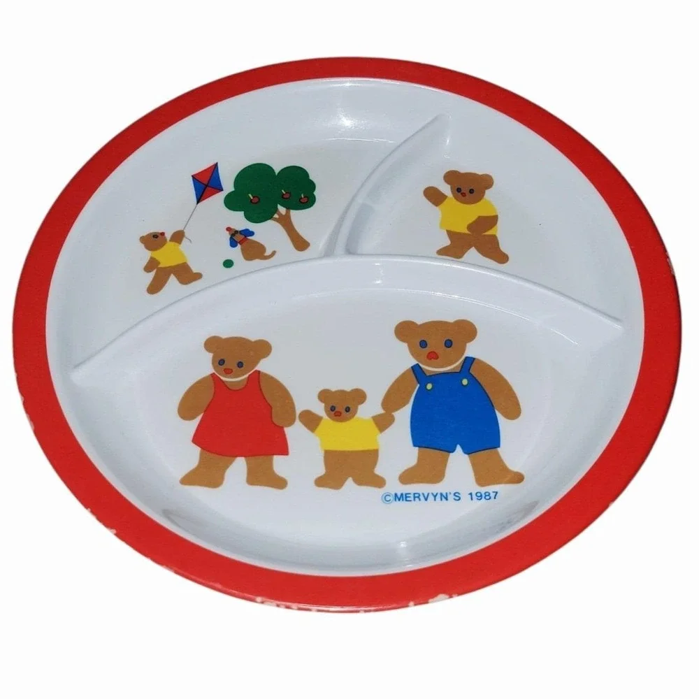 Vintage 1987 Mervyn's Teddy Bear Baby Feeding Set Plate Bowl Cup Bib Spoon